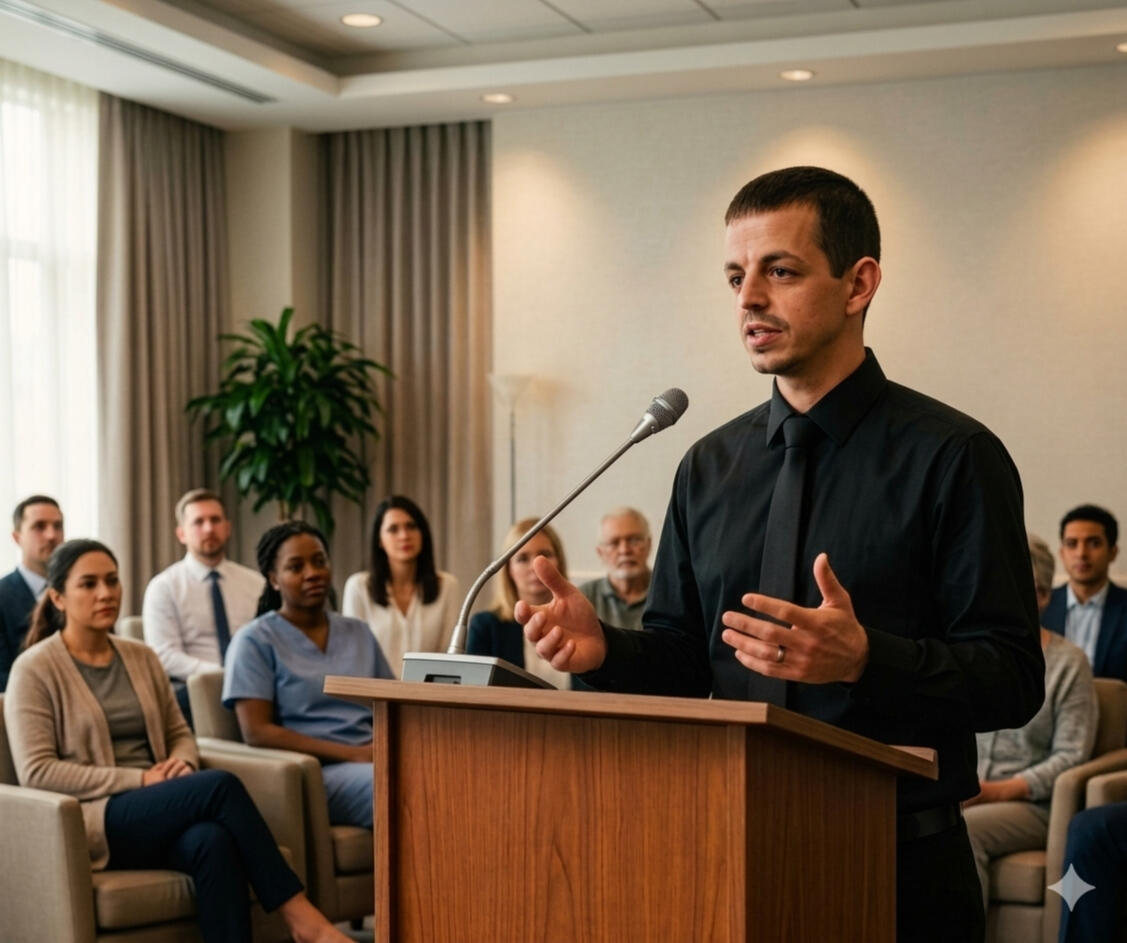 Professional speaker Josh Centanni wearing a black dress shirt and tie, speaking at a podium with a microphone during a cancer caregiver seminar, with a blurred audience seated in the background.