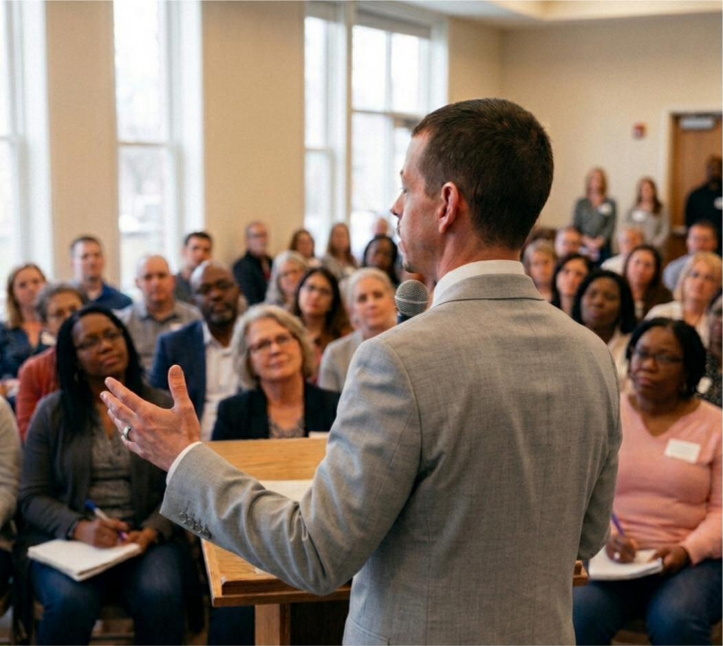 Cancer Caregiver Speaker Josh Centanni Presenting Professional speaker Josh Centanni wearing a black dress shirt and tie, speaking at a podium with a microphone during a cancer caregiver seminar, with a blurred audience seated in the background.