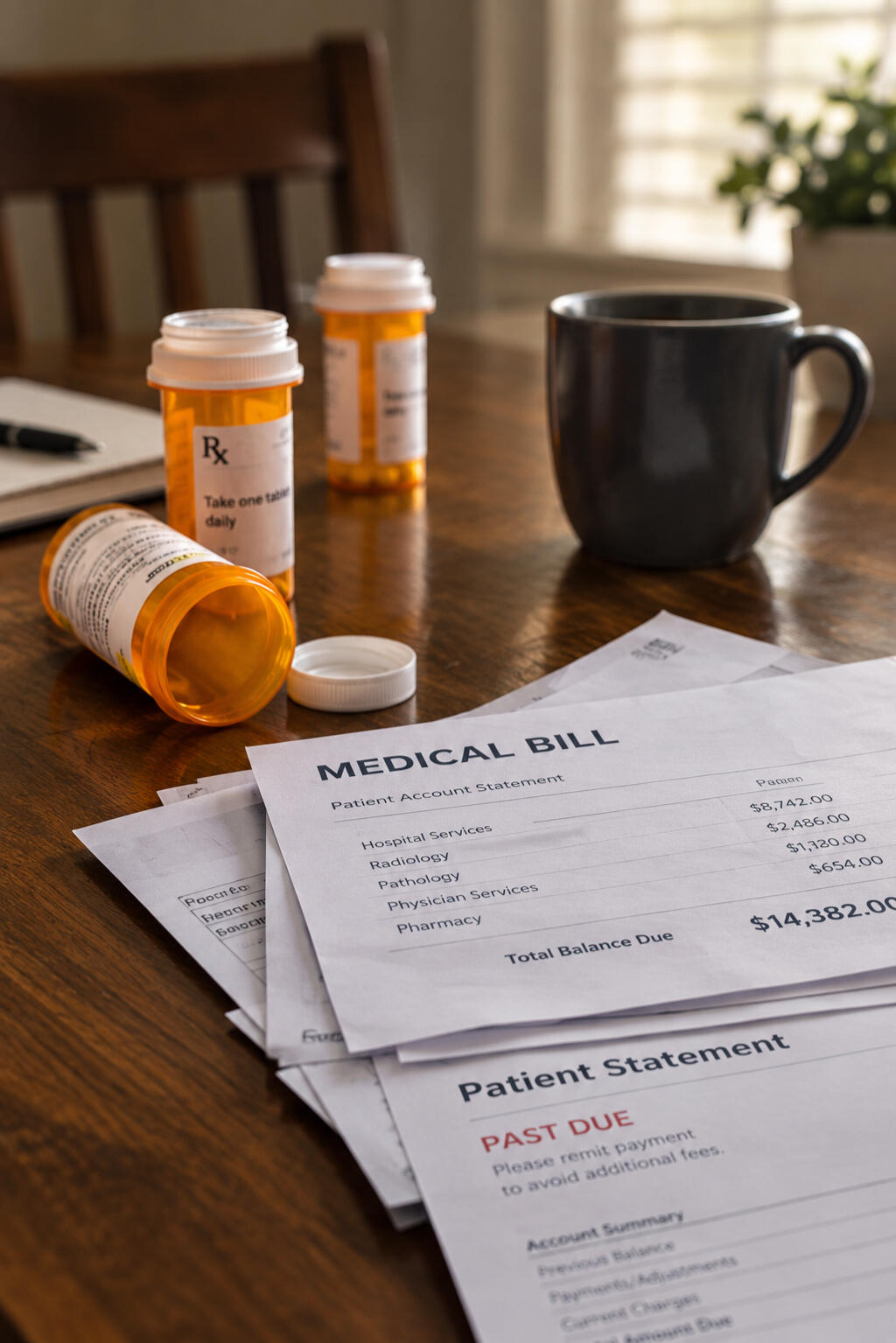 An expensive hospital bill marked past due sitting on a table alongside prescription medication bottles, symbolizing the financial burden of healthcare.